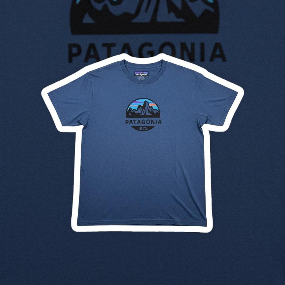 Patagonia Mens 1973 Logo T-Shirt XXL Slim Fit Organic Cotton Blue Tee S/S